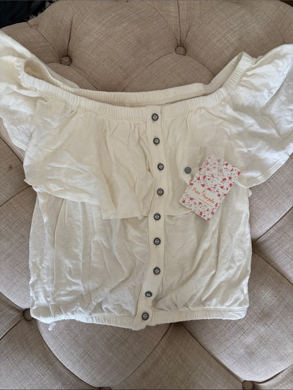 We The Free Off-Shoulder Cream Button-Front Crop Top
